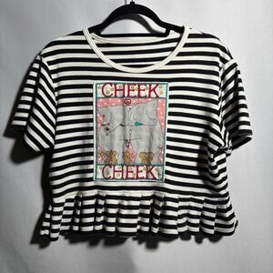 VTG Striped Crop Top Cheek to Cheek Elephant Cartoon‎ Ruffle Hem Kid Core Quirky
